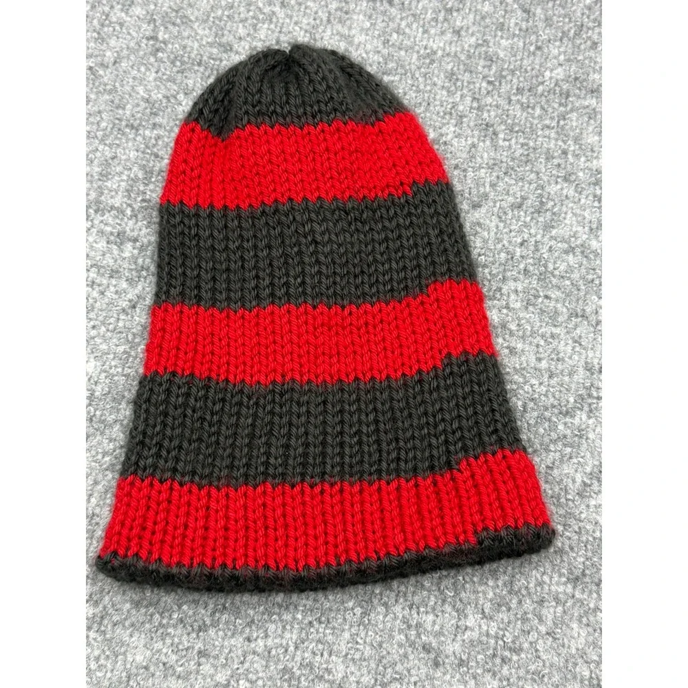 Kids‎ Red Black Striped Knit Beanie Hat Handmade Punk Grunge Winter Cap